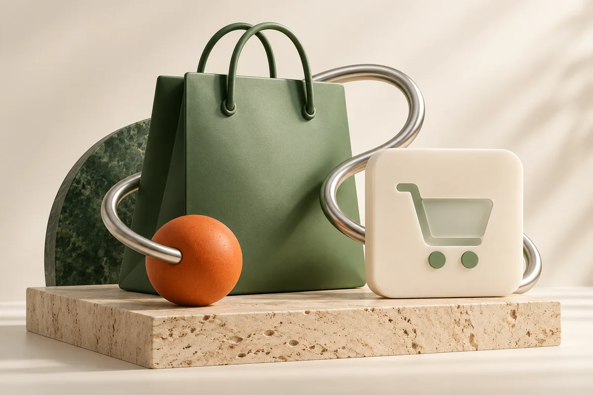 Sculptural green shopping bag and app tile connected by chrome loops