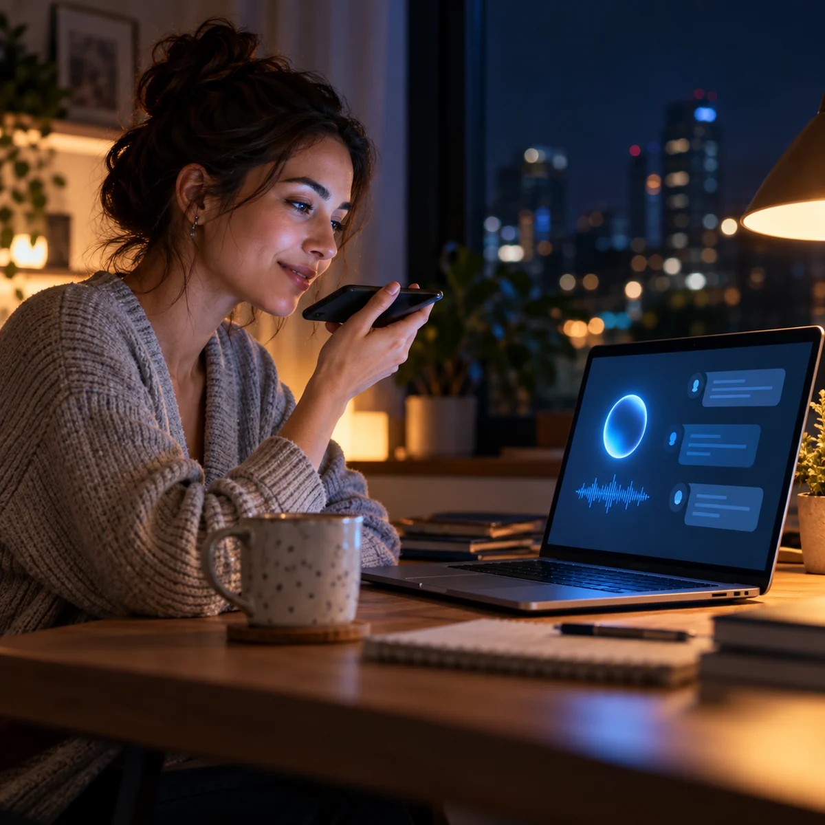 A customer getting help from an AI support assistant at a home desk late at night.