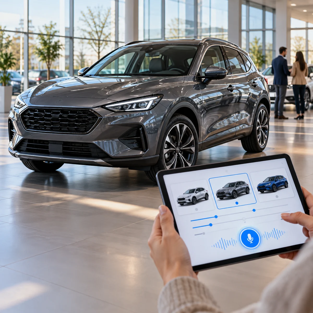 A vehicle shopper using a tablet with voice search and inventory filters in a dealership.