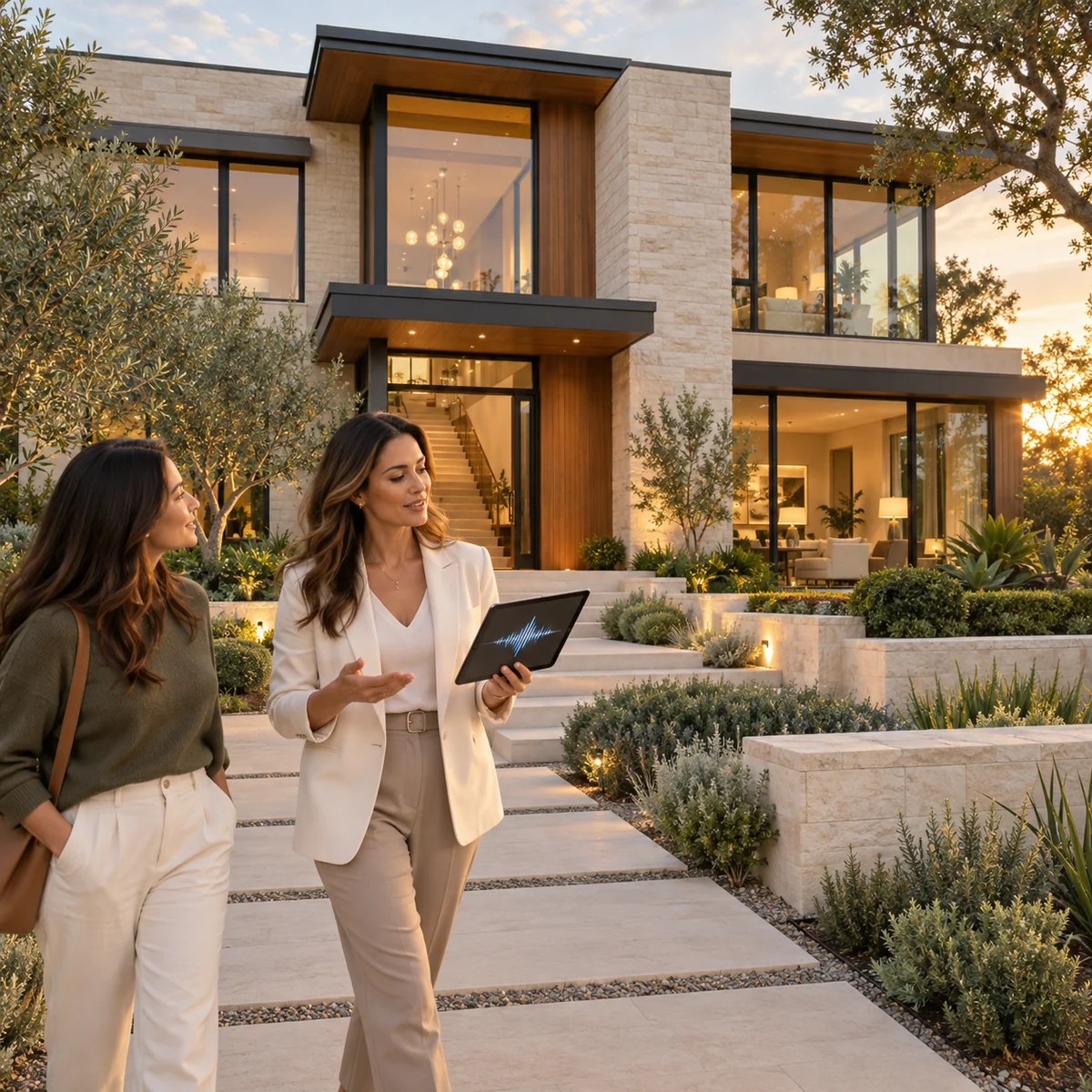 A real estate broker using a voice-enabled tablet outside a contemporary home.