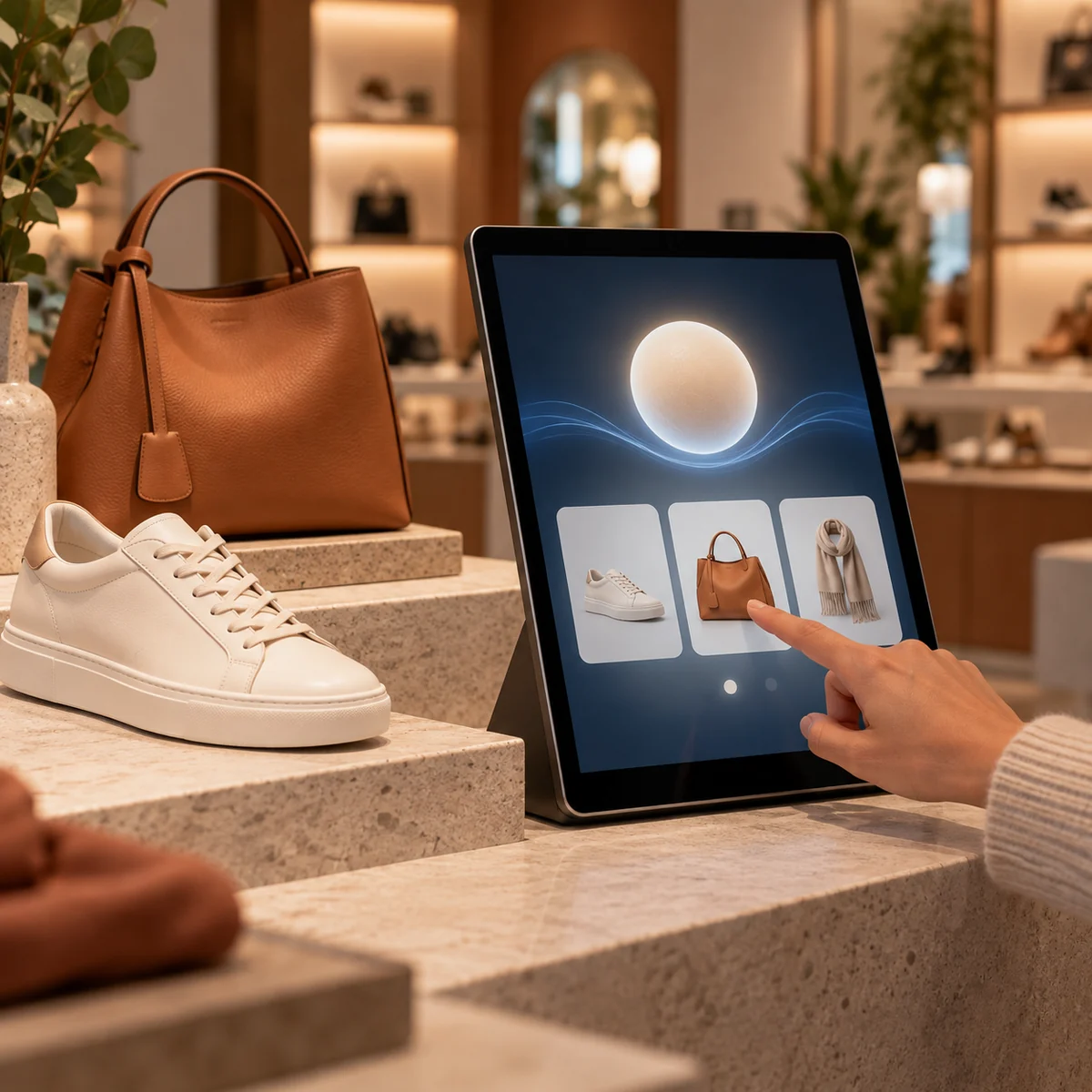 A smart shopping display offering AI product recommendations beside footwear and accessories.