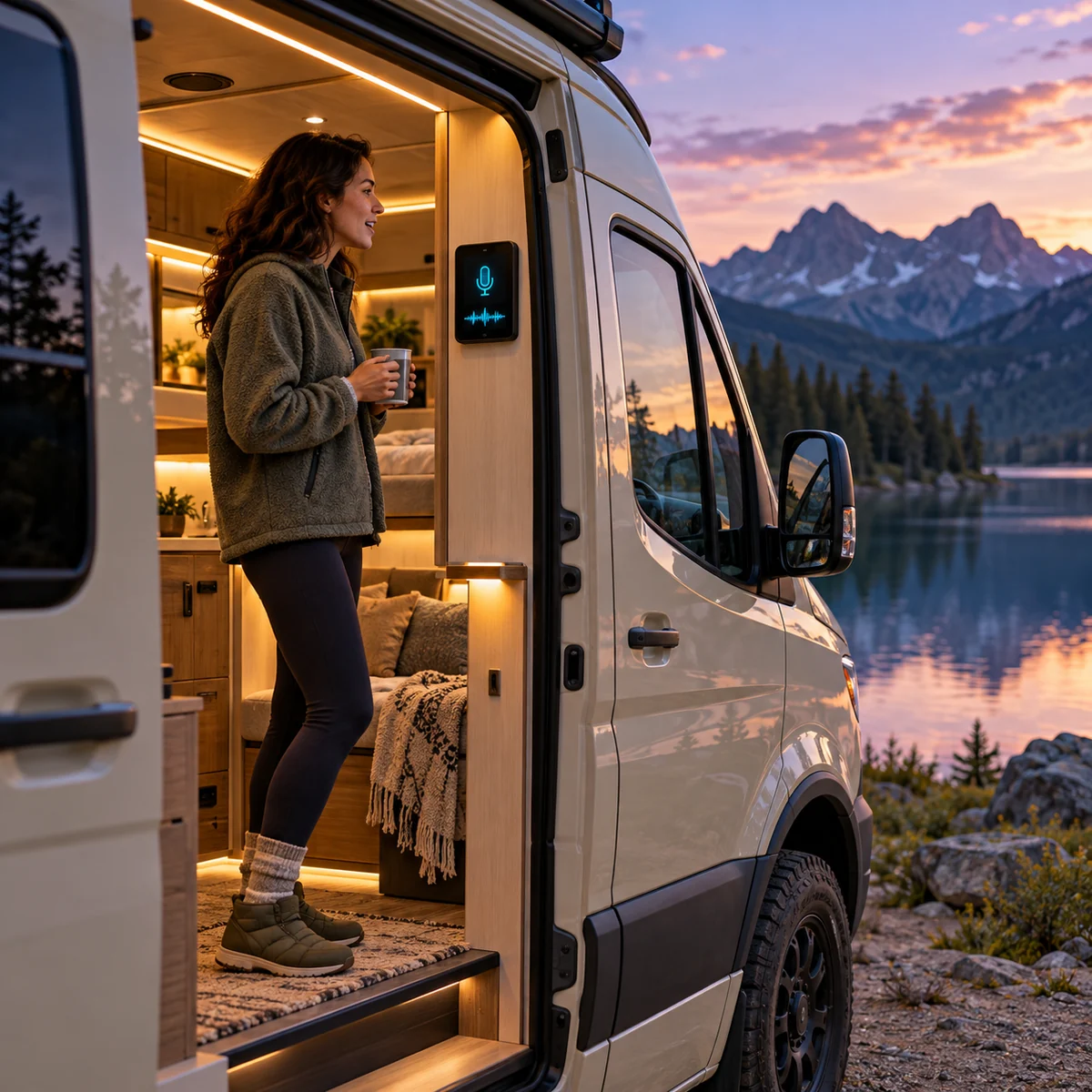 A traveler using a voice-control panel in a camper van beside a mountain lake.