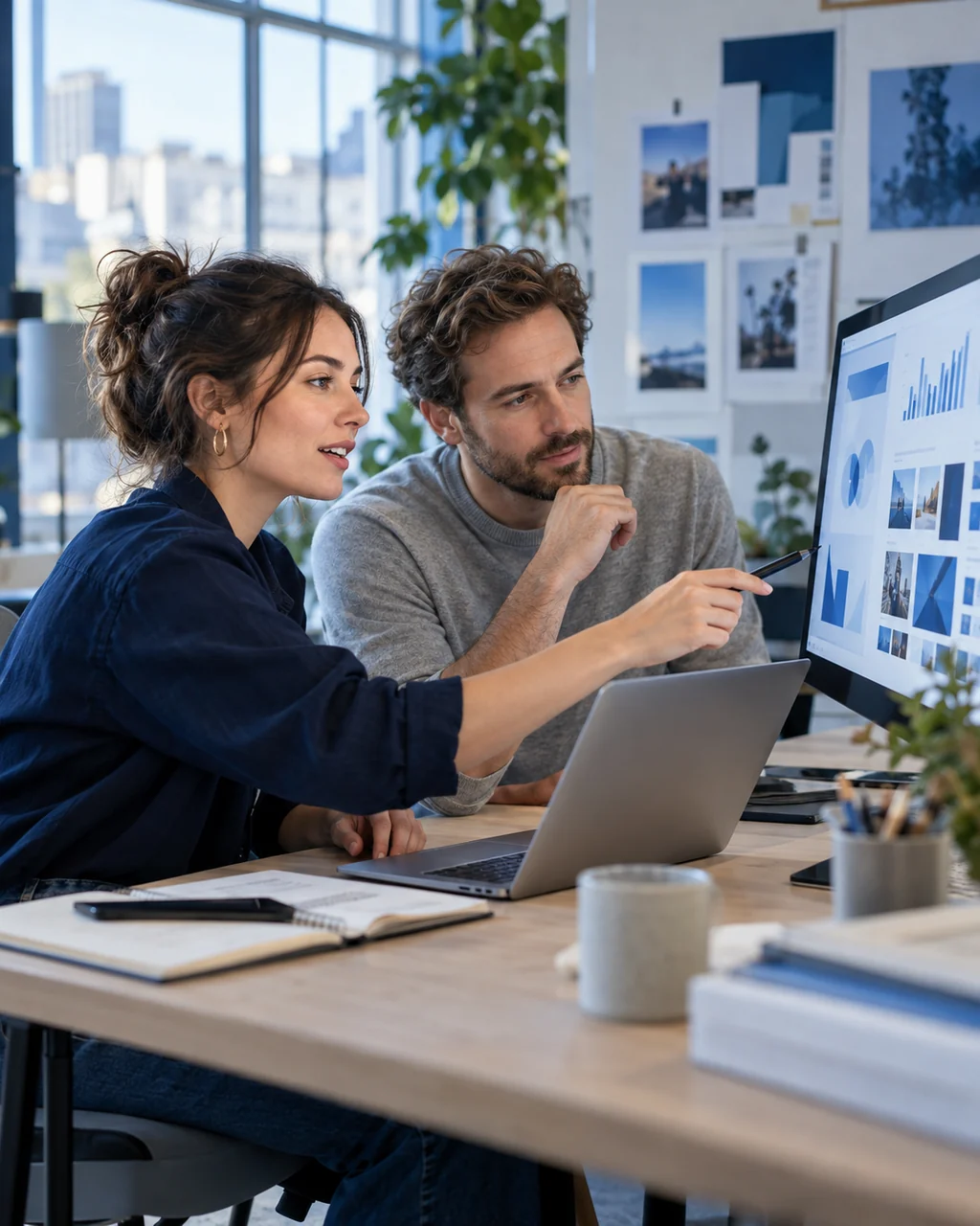 Illustration of two people reviewing ad designs and results.