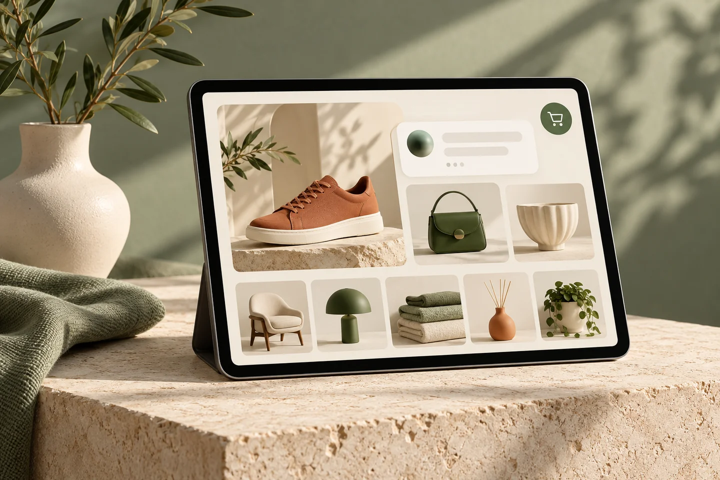 Concept photo of a tablet showing guided shopping with footwear, accessories and homeware